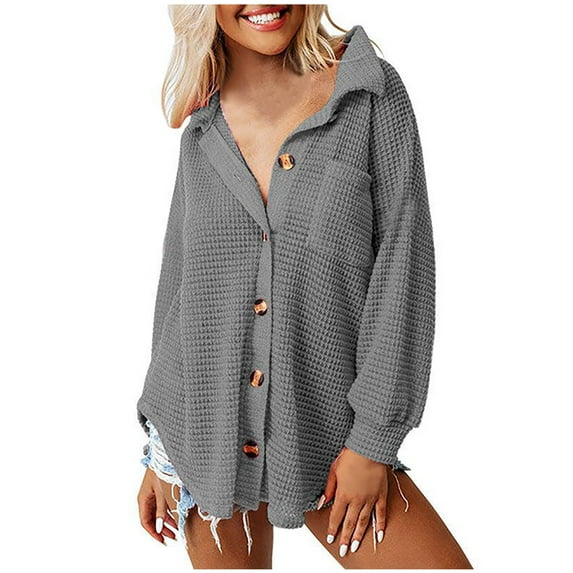 gakvbuo Waffle Knit Button Down Sweatshirt For Womens Loose Fit Casual Long Sleeve Oversized Button Up V Neck Blouses Fall Tops