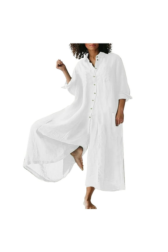 Wide Leg Jumpsuits For Women'S With Button Down Shirt Turn-Down Collar Cotton Linen Long Pants Playsuit Zipper Rompers Jumpsuit Loose Fit Casual Summer Short Long Sleeve Overalls