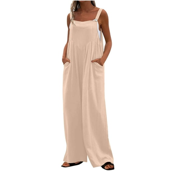 gakvbuo Wide Leg Jumpsuits For Women Sleeveless Loose Solid Color Suspender Comfy Baggy Button Palazzo Pants Overalls Rompers Long Pants Onesie Trousers With Pockets