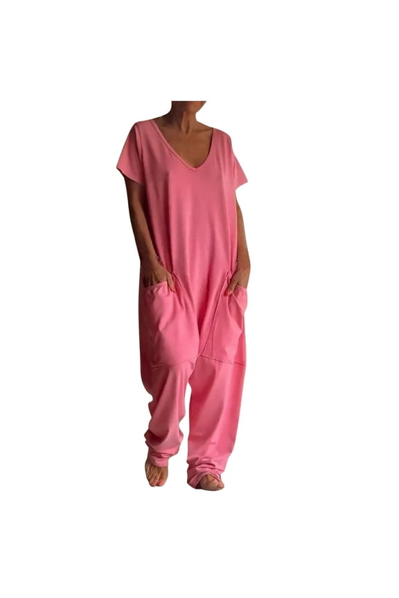 Wide Leg Jumpsuits For Women Oversized Short Sleeve V Neck Wrap Beam Foot Rompers Casual Flowy Plus Size Overalls With Pockets Straight Pants Daily Casual Loose Low-Grade Jumpsuit Pants
