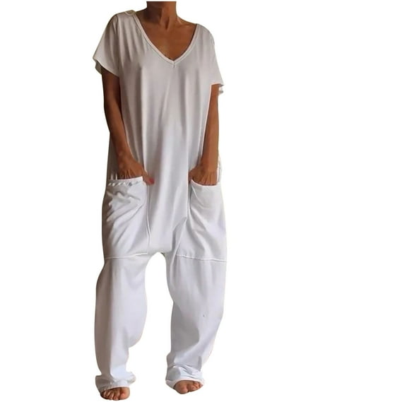 gakvbuo Wide Leg Jumpsuits For Women Oversized Short Sleeve V Neck Wrap Beam Foot Rompers Casual Flowy Plus Size Overalls With Pockets Straight Pants Daily Casual Loose Low-Grade Jumpsuit Pants