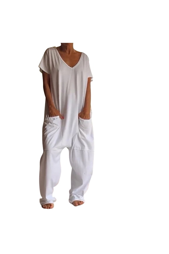 Wide Leg Jumpsuits For Women Oversized Short Sleeve V Neck Wrap Beam Foot Rompers Casual Flowy Plus Size Overalls With Pockets Straight Pants Daily Casual Loose Low-Grade Jumpsuit Pants