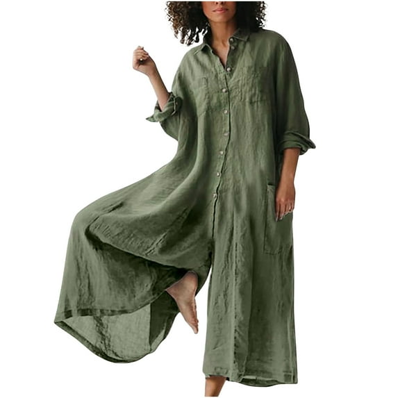 gakvbuo Wide Leg Jumpsuits For Women'S With Button Down Shirt Turn-Down Collar Cotton Linen Long Pants Playsuit Zipper Rompers Jumpsuit Loose Fit Casual Summer Short Long Sleeve Overalls