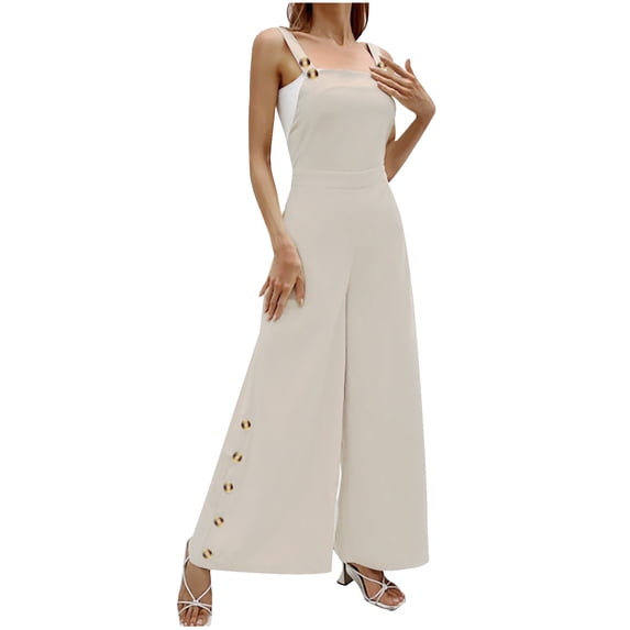 gakvbuo Wide Leg Suspender Jumpsuits Overalls For Women Casual Loose Fit Bib Spring Summer Button Long Pant One Piece Rompers With Pockets