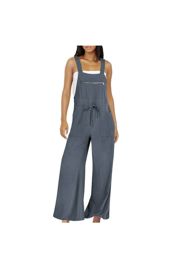 Wide Leg Suspender Jumpsuits Overalls For Women Casual Loose Fit Bib Spring Summer Drawstring Belted Jumpsuit Long Pant One Piece Rompers With Pockets