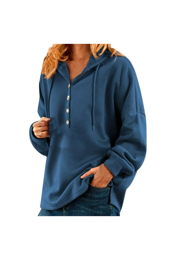 Women Fall Winter Solid Color V-Neck Button Crop Workout Long Sleeve Sexy Hoodied Tops Pullover Blouse