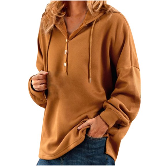 gakvbuo Women Fall Winter Solid Color V-Neck Button Crop Workout Long Sleeve Sexy Hoodied Tops Pullover Blouse