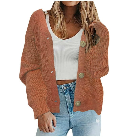 gakvbuo Women'S Chunky Knit Open Front Sweater Long Sleeve Button Loose Short Cardigan Outerwear Coats
