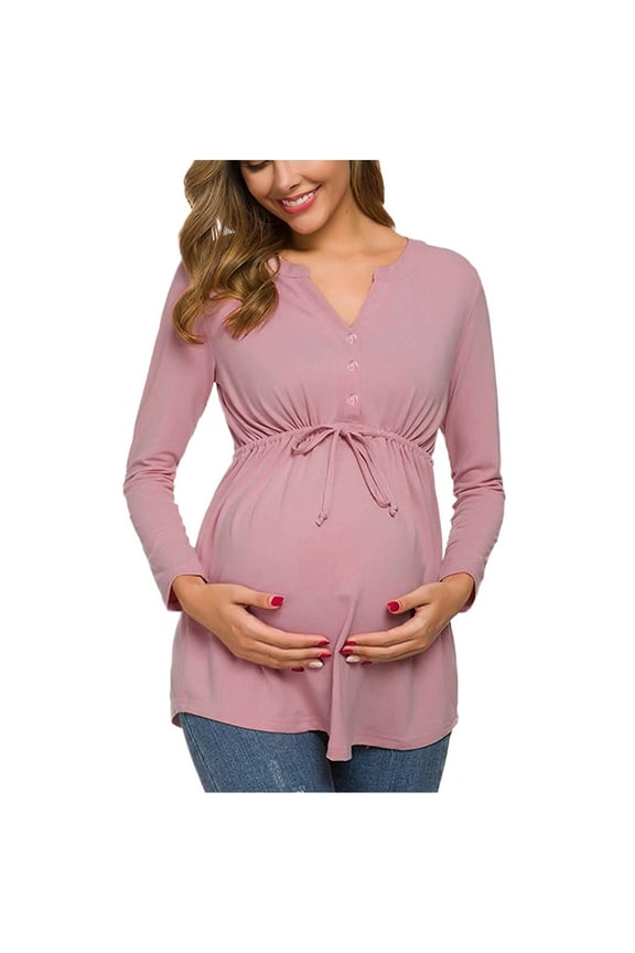 Women'S Maternity Tops V-Neck Front Pleat Tunic Pregnancy Shirts Nursing Blouse Ruched Pregnancy Top with Button V Neck Long Sleeve Bandage Babydoll Tops Maternity Button Down Shirts for Women
