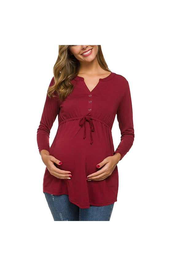 Women'S Maternity Tops V-Neck Front Pleat Tunic Pregnancy Shirts Nursing Blouse Ruched Pregnancy Top with Button V Neck Long Sleeve Bandage Babydoll Tops Maternity Button Down Shirts for Women