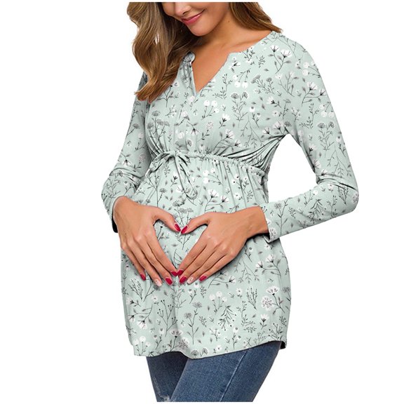 gakvbuo Women'S Maternity Tops V-Neck Front Pleat Tunic Pregnancy Shirts Nursing Blouse Ruched Pregnancy Top with Button V Neck Long Sleeve Bandage Babydoll Tops Maternity Button Down Shirts for Women