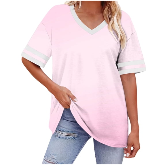 gakvbuo Women'S Plus Size Tunic Tops Oversized V-Neck Short Sleeve Color Blocks Summer Shirt Loose Sports T-Shirt