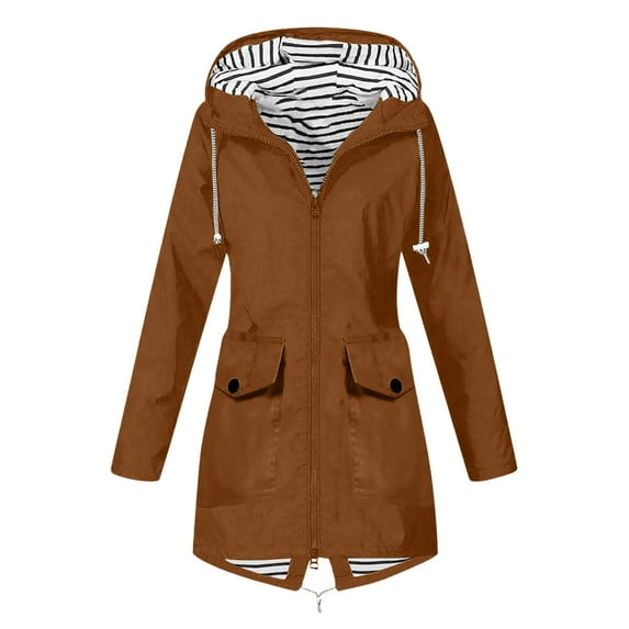 gakvbuo Women Solid Color Rain Jacket Outdoor Hooded Windproof Loose With Pocket Coat