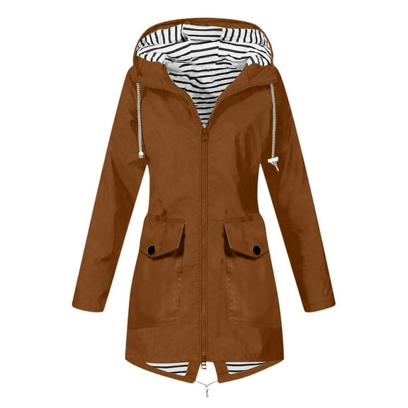 gakvbuo Women Solid Color Rain Jacket Outdoor Hooded Windproof Loose With Pocket Coat