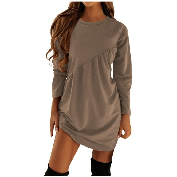 gakvbuo Women's Casual Solid Long Sleeve Round-neck Pullover Fashion Dress