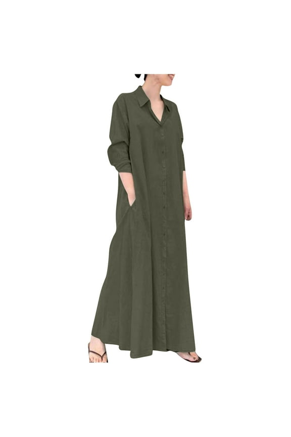 Women's Cotton Linen Turndown Collar Long Sleeve Pocket Loose Long Shirt Dress