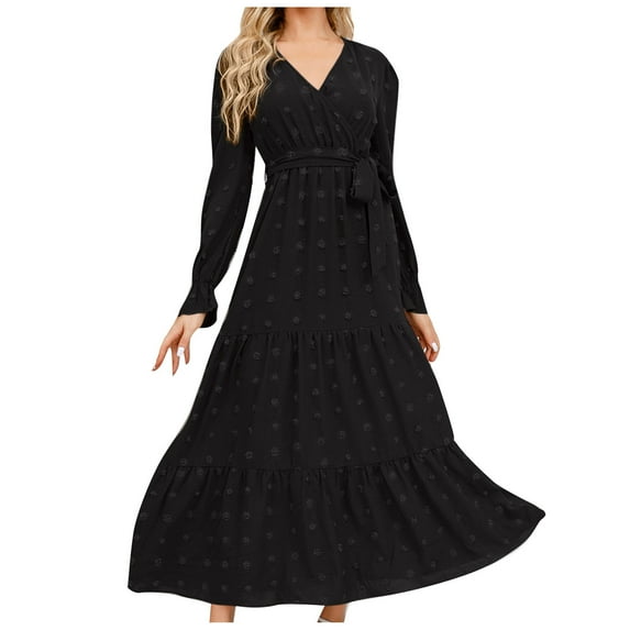 gakvbuo Women's Fashion Long Sleeve Print V-Neck Ladies Holiday Outing Long Dress