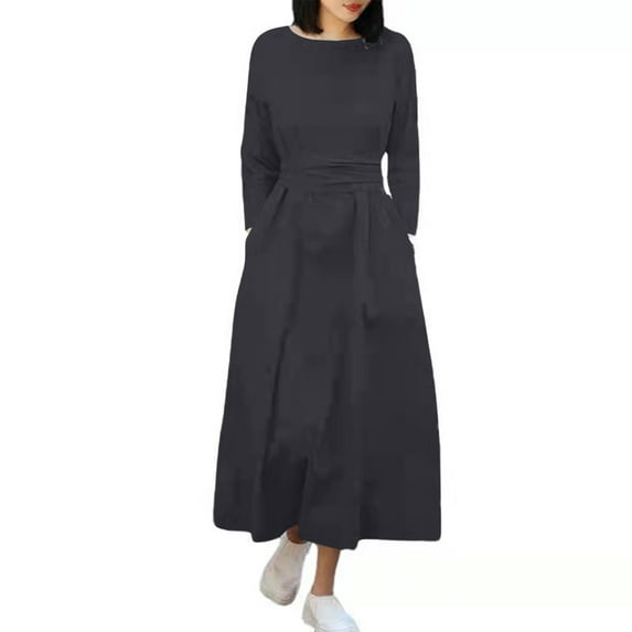 gakvbuo Women's Fashion Round Neck Loose Long Sleeve Solid Mid-Calf Dress Long Dress
