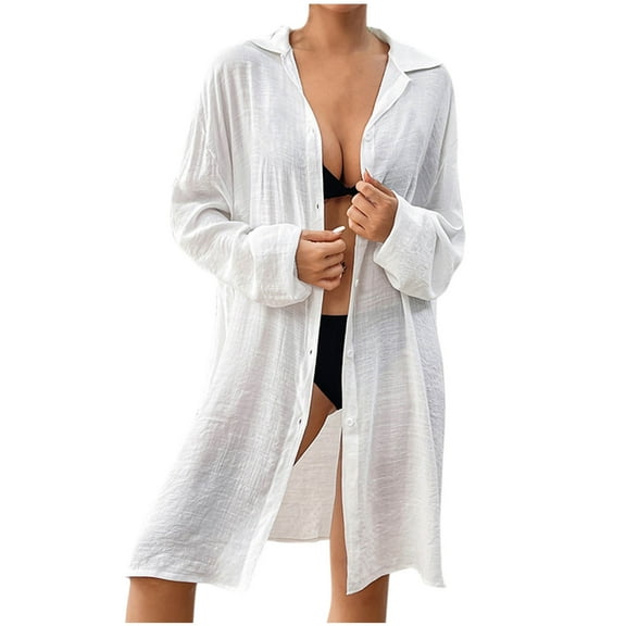 gakvbuo Women's Kimono Cardigan Summer Bikini Coat Solid Color Casual Elbow-length Sleeve Loose Swimwear Cover Up with Button Shirt Blouse Tops