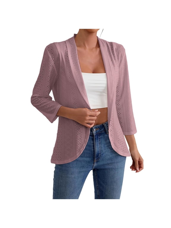 Women's Solid Eyelet Smocked 3/4 Sleeve Hollow Casual Loose Cardigan Tops