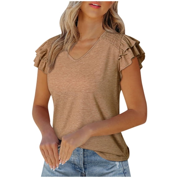 gakvbuo Womens Tops!Fashion Casual Women's Solid Short Sleeve Fold Lacework Sleeve V-neck T-shrit Top Blouse