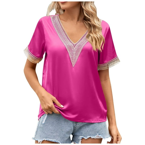 gakvbuo Womens Tops!Fashion Women's Summer V-Neck Lace Patchwork Short Sleeve Sexy Top Blouse