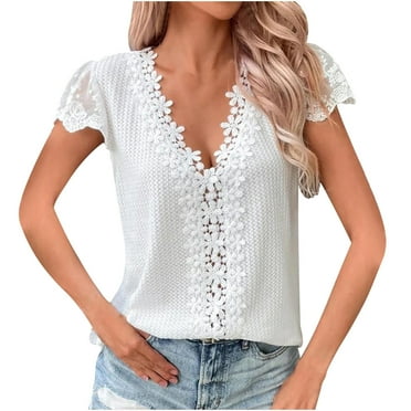 gakvbuo Womens Tops!Fashion Womens Casual Solid Color V Neck Lace Stitching Short Sleevet Tops Loose Blouses
