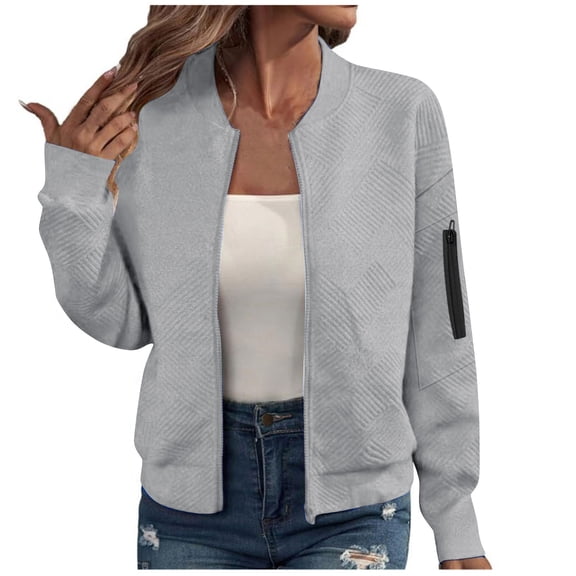 gakvbuo Zip Up Cropped Jacket for Womens Zipper Sweatshirt Jacket Long Sleeve Lightweight Coat Casual Coarse Knitted Baseball Jacket