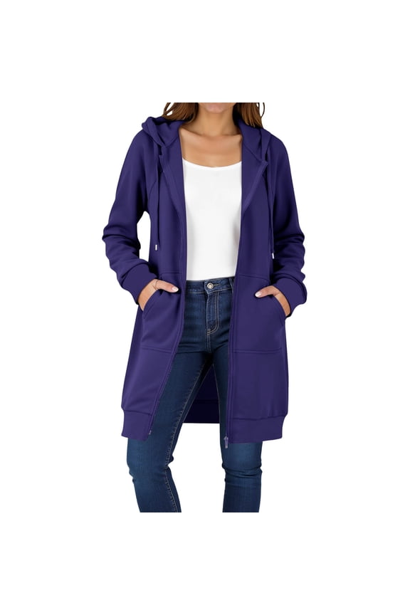 Zip Up Hoodies Surcoat for Women'S Long Tunic Sweatshirts Drawstring Oversized Long Sleeve Casual Fall Jacket Coat with Pocket