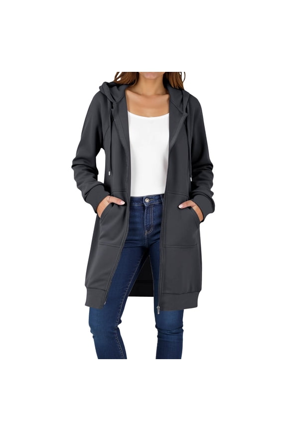 Zip Up Hoodies Surcoat for Women'S Long Tunic Sweatshirts Drawstring Oversized Long Sleeve Casual Fall Jacket Coat with Pocket