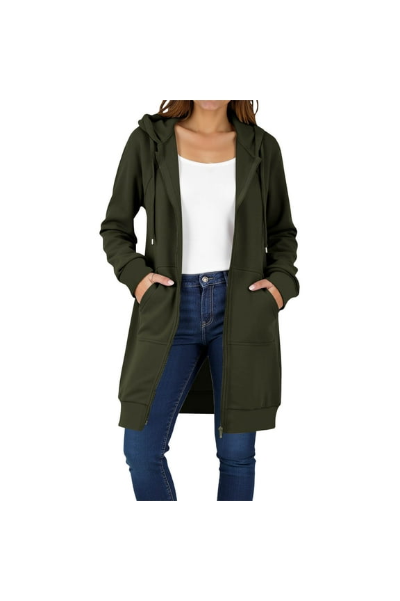 Zip Up Hoodies Surcoat for Women'S Long Tunic Sweatshirts Drawstring Oversized Long Sleeve Casual Fall Jacket Coat with Pocket