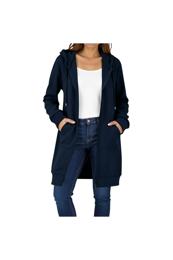 Zip Up Hoodies Surcoat for Women'S Long Tunic Sweatshirts Drawstring Oversized Long Sleeve Casual Fall Jacket Coat with Pocket