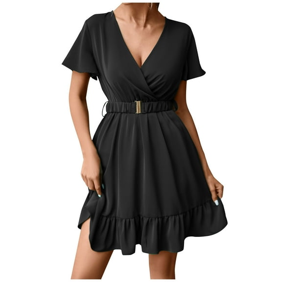 gakvbuo summer dresses for women 2024 vacation trendy Fashion Sexy Women V-Neck Summer Solid Casual Short Sleeve Mini Dress