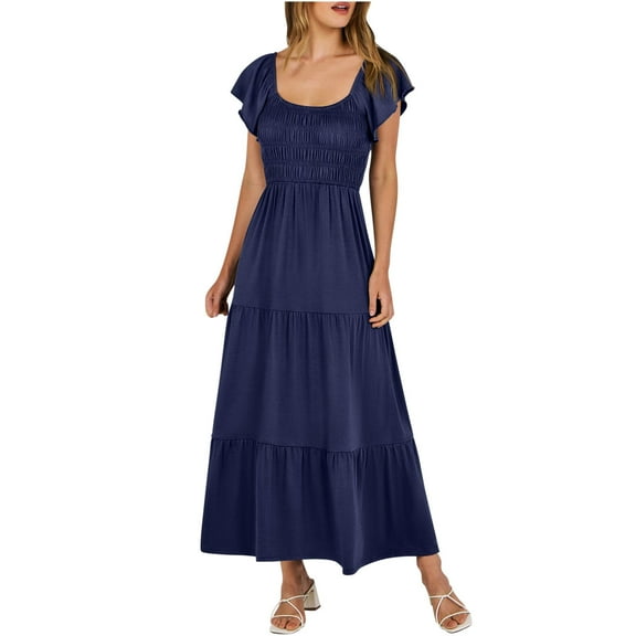 gakvbuo summer dresses for women 2024 vacation trendy Women's Summer Casual Short Sleeve V Neck Smocked Elastic Waist Tiered A Line Maxi Dress With Pockets