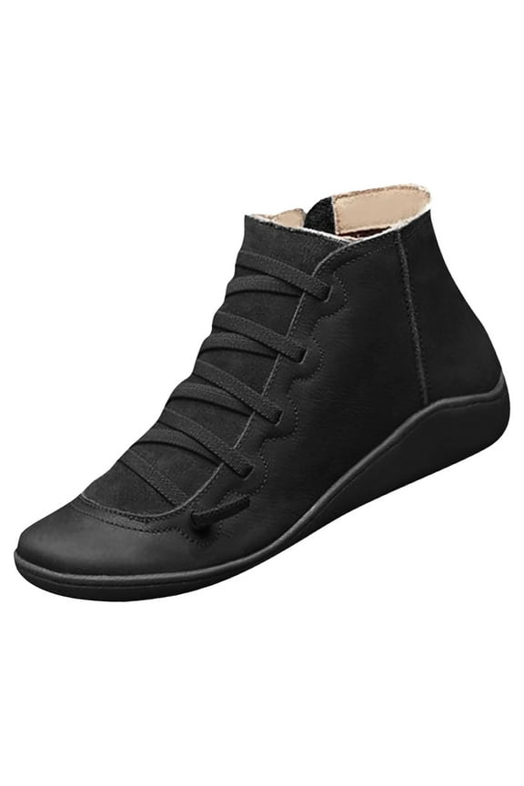 gakvov Ankle Boots For Women Low Heel Women Casual Flat Leather Lace-Up Boots Side Zipper Plus Shoe Boots