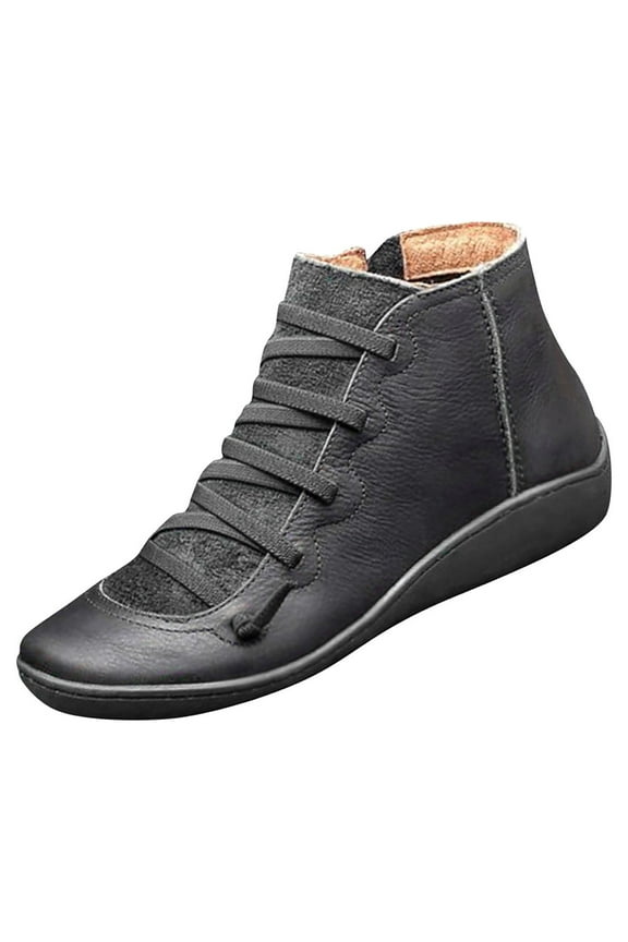 gakvov Ankle Boots For Women Low Heel Women Casual Flat Leather Lace-Up Boots Side Zipper Plus Shoe Boots
