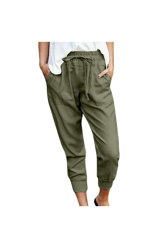 gakvov Cargo pants For women Women Casual Solid Cotton Linen Drawstring Elastic Waist Calf-Length Pencil Pants