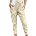 thumbnail image 1 of gakvov Cargo pants For women Women Casual Solid Cotton Linen Drawstring Elastic Waist Calf-Length Pencil Pants, 1 of 9