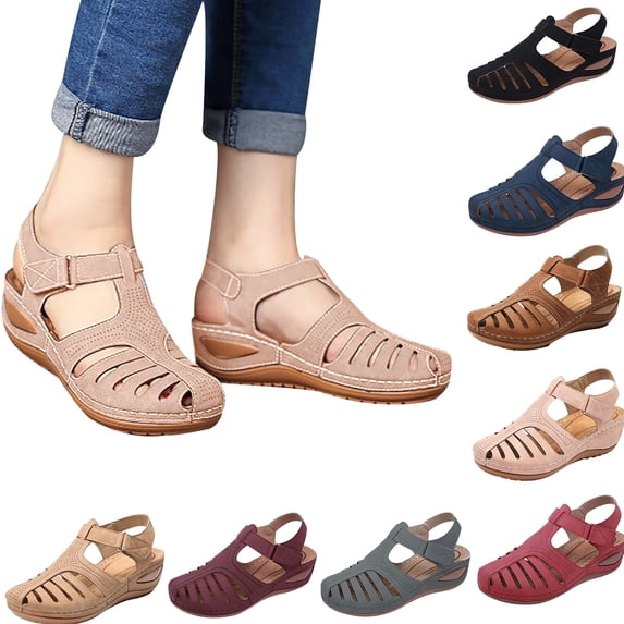 gakvov Closed Toe Sandals For Women Casual Summer Hollow Out Vintage Wedge Sandal Gladiator Outdoor Shoes
