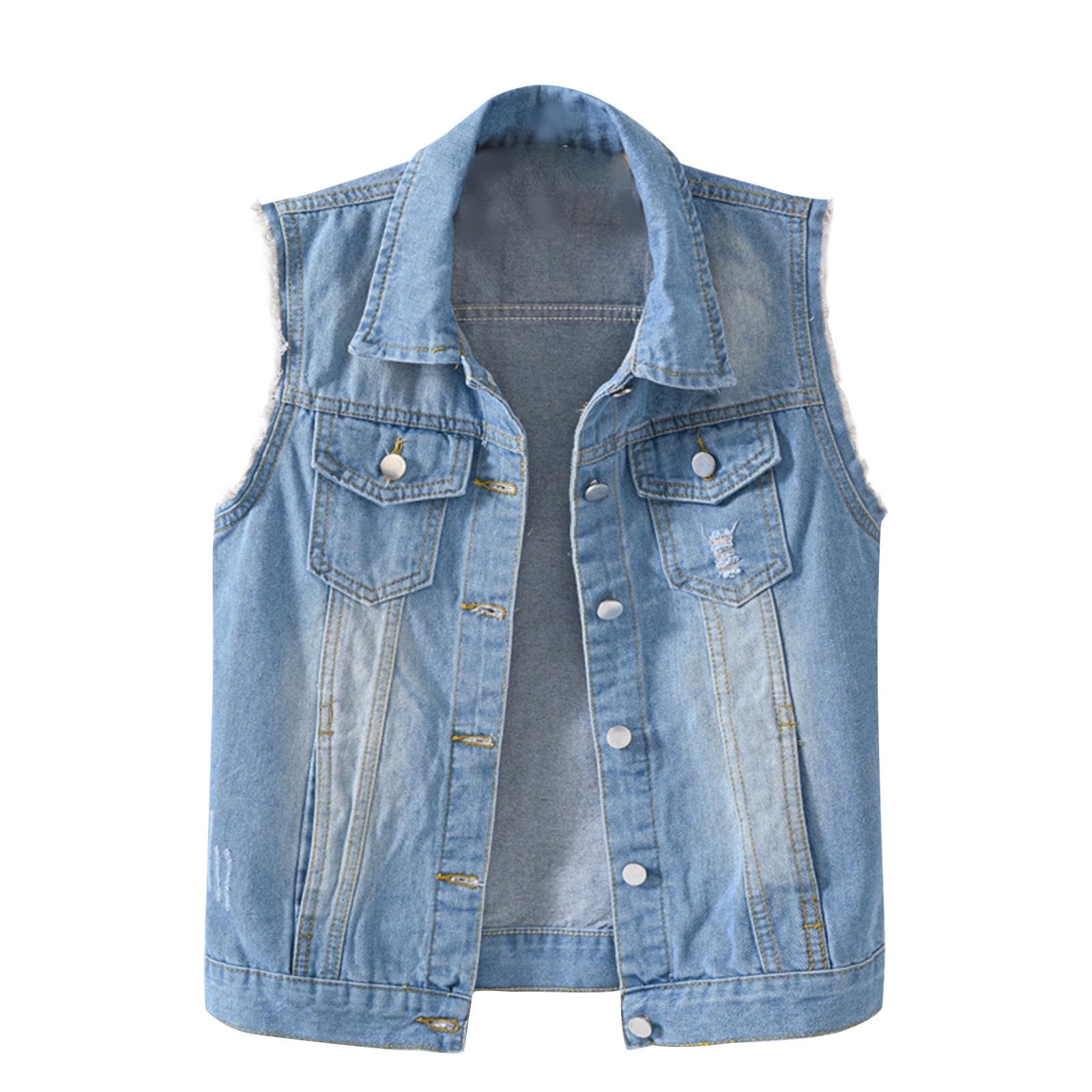 gakvov Denim Vest For Women Slim Fit Sleeveless Distressed Denim Casual Basic Button Jean Vest Jacket Outerwear Chest Flap Pockets