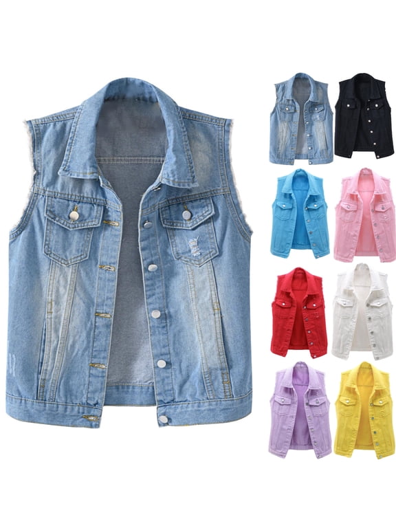 Denim Vest For Women Slim Fit Sleeveless Cropped Coat Casual Basic Button Jean Vest Jacket Outerwear with Chest Pockets