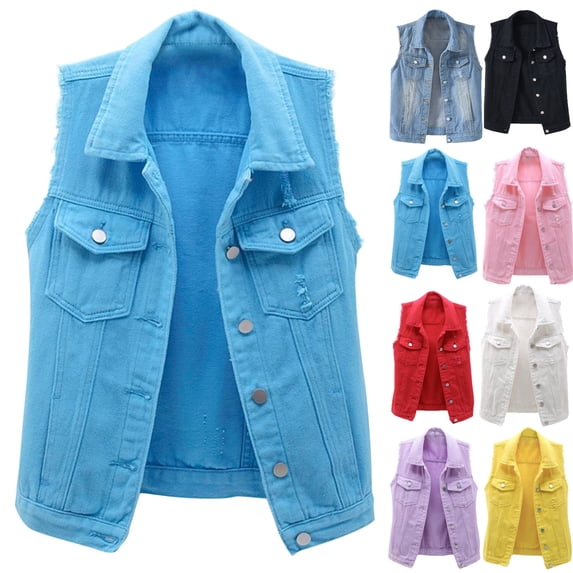 gakvbuo Denim Vest For Women Slim Fit Sleeveless Cropped Coat Casual Basic Button Jean Vest Jacket Outerwear with Chest Pockets