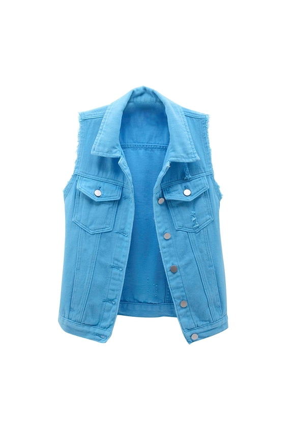 gakvov Denim Vest For Women Slim Fit Sleeveless Distressed Denim Casual Basic Button Jean Vest Coats Outerwear Chest Flap Pockets