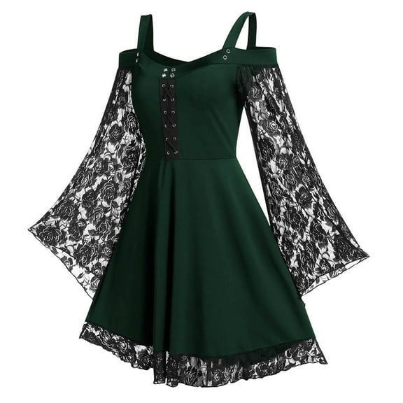 gakvbuo Fall Dresses for Women 2022 Fashion Sexy Women Patchwork Skull Lace Splicing Long Sleeve Vintage Party Dress
