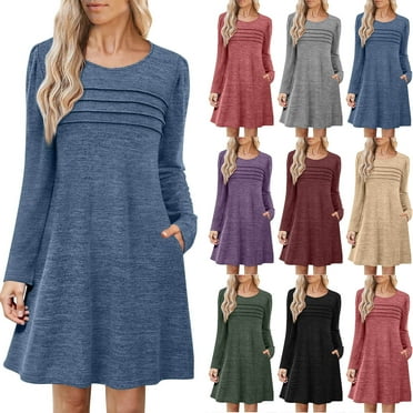 gakvbuo Fall T-Shirt Dresses For Women Long Sleeve Midi Dress With Pockets Pleated Crew Neck Wedding Party Dress Knee Length Tunic Dress