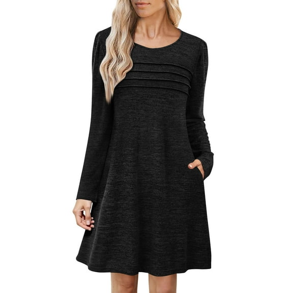gakvbuo Fall T-Shirt Dresses For Women Long Sleeve Midi Dress With Pockets Pleated Crew Neck Wedding Party Dress Knee Length Tunic Dress