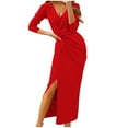 thumbnail image 1 of gakvbuo Fall Dresses for Women Women Sexy Casual V-Neck Long Sleeve Solid Color High Split Sheath Ankle-Length Dress, 1 of 9
