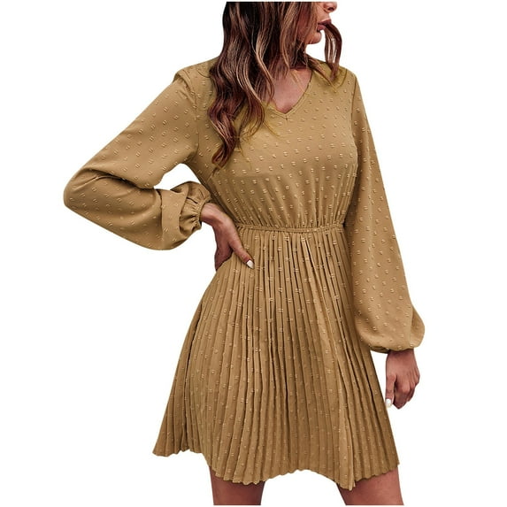 gakvbuo Fall Dresses for Women 2022 Babydoll Dress for Women Fall Dresses Long Sleeve Slim Tunic Dreses V Neck Ruffle Knee Length A-Line Casual Draped High Waist Mini Dress