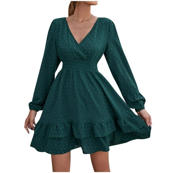 gakvbuo Fall Dresses for Women Babydoll Dress for Women Fall Dresses Long Sleeve Slim Tunic Dreses V Neck Ruffle Knee Length A-Line Casual Draped High Waist Mini Dress