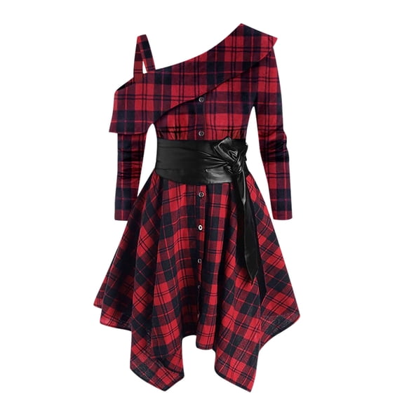 gakvbuo Fall Dresses for Women Checkered Dress for Womens Plus Size Plaid Tie Shirt Dress Long Sleeve Slim Turn-Down Collar Tunic Tops Asymmetrical High Low Irregular Dress